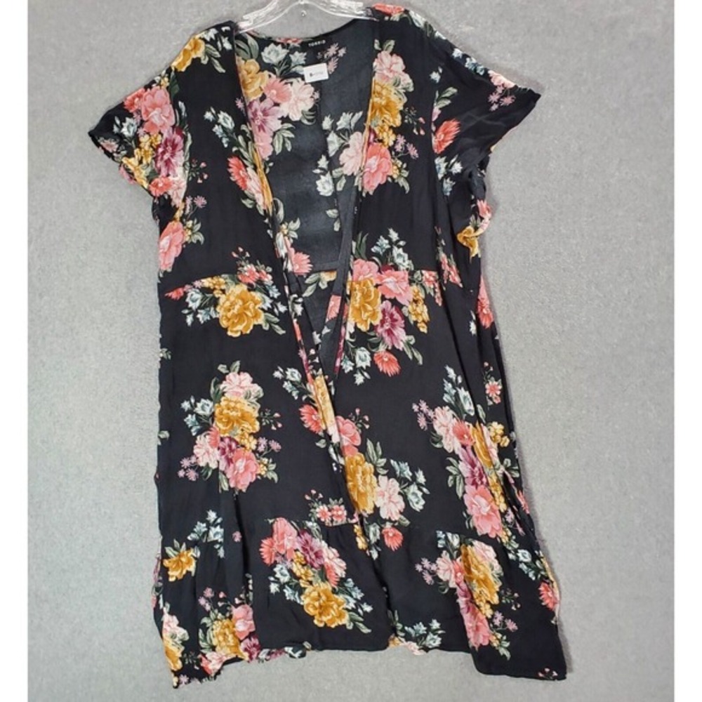 TORRID Women Top 3 Black Floral Tie Waist Kimono Crepe Woven Short Sleeve